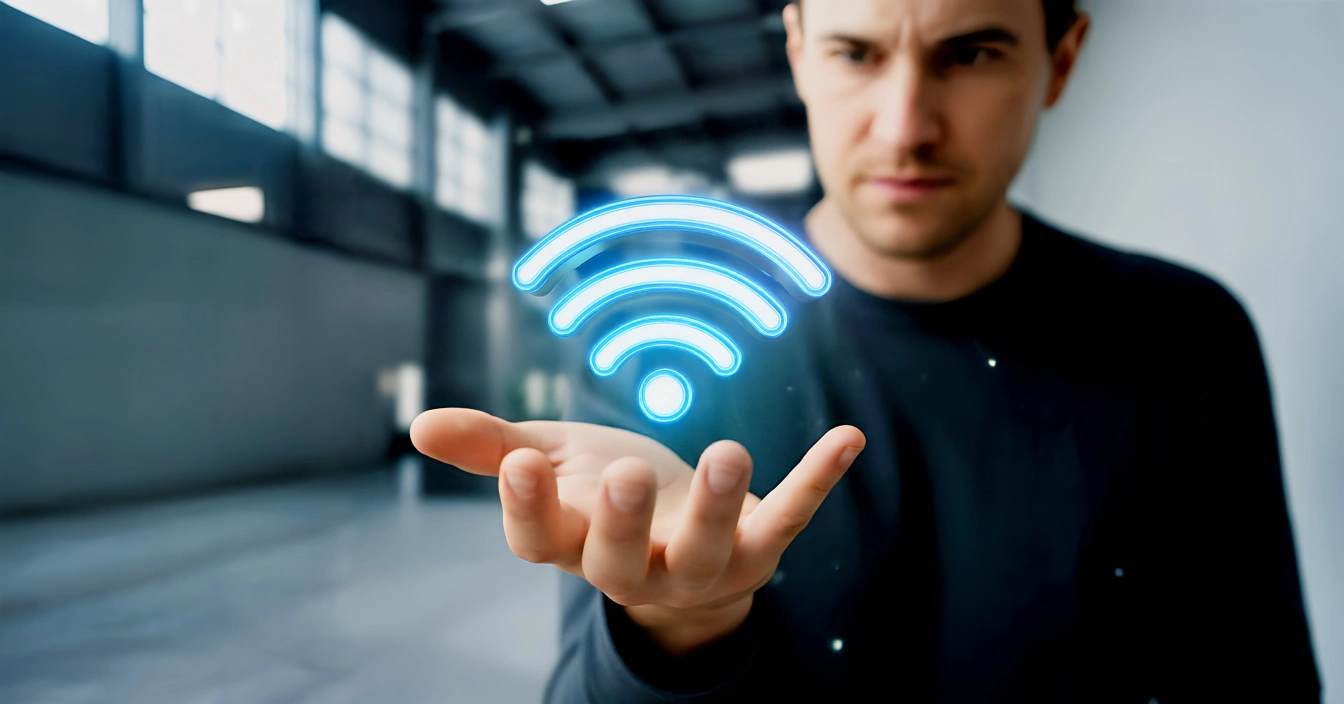 Person displaying a digital Wi-Fi symbol.
