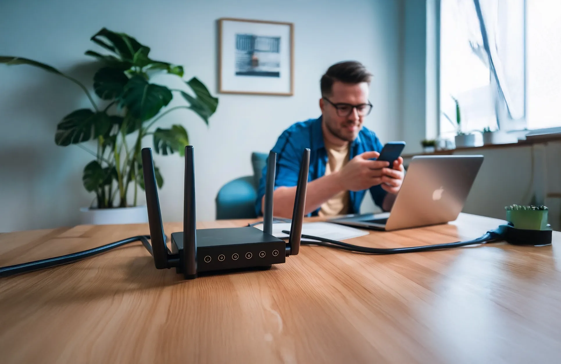Person using smartphone and laptop beside router.