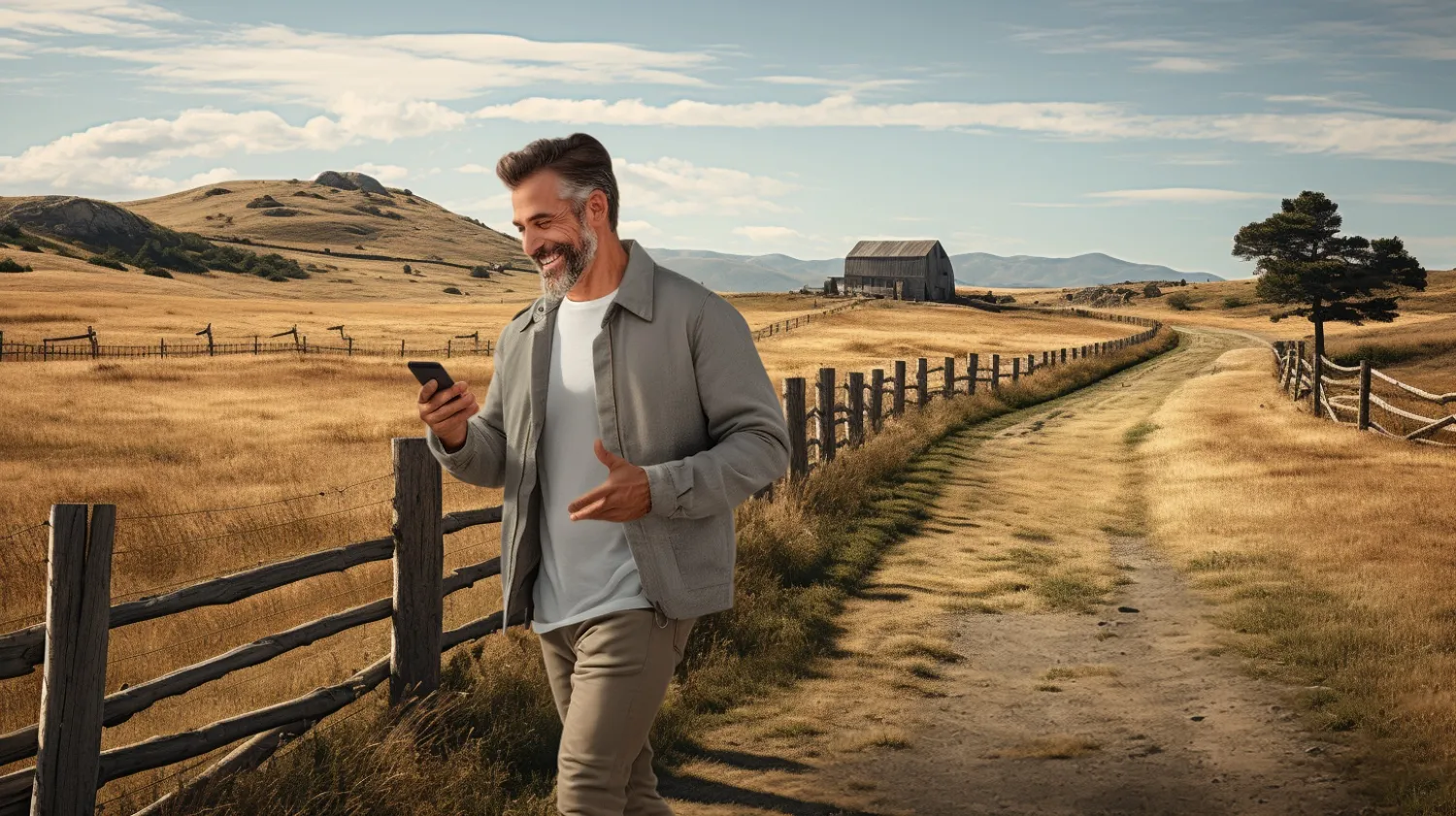 Man smiling while walking on a country road.